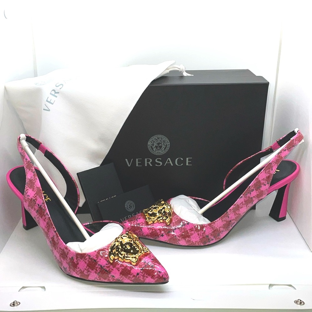 BNIB FULL INCLU VERSACE TESSUTO TWEED SPALMATO+VITELLO SLINGBACKS